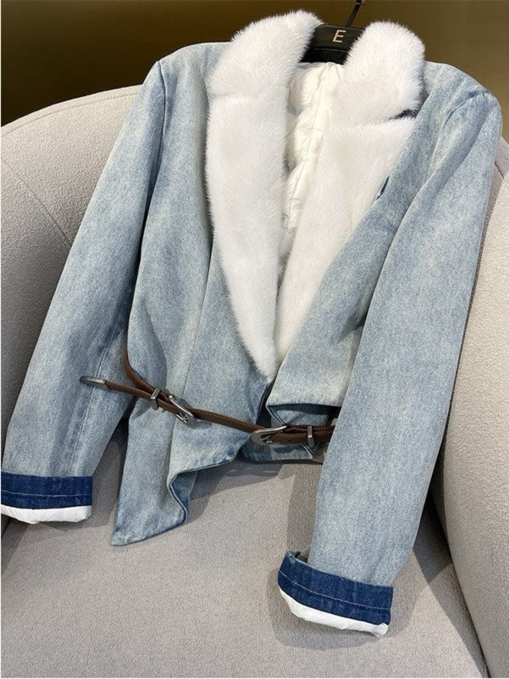 Women's Light Blue Denim Jacket with White Fur Collar